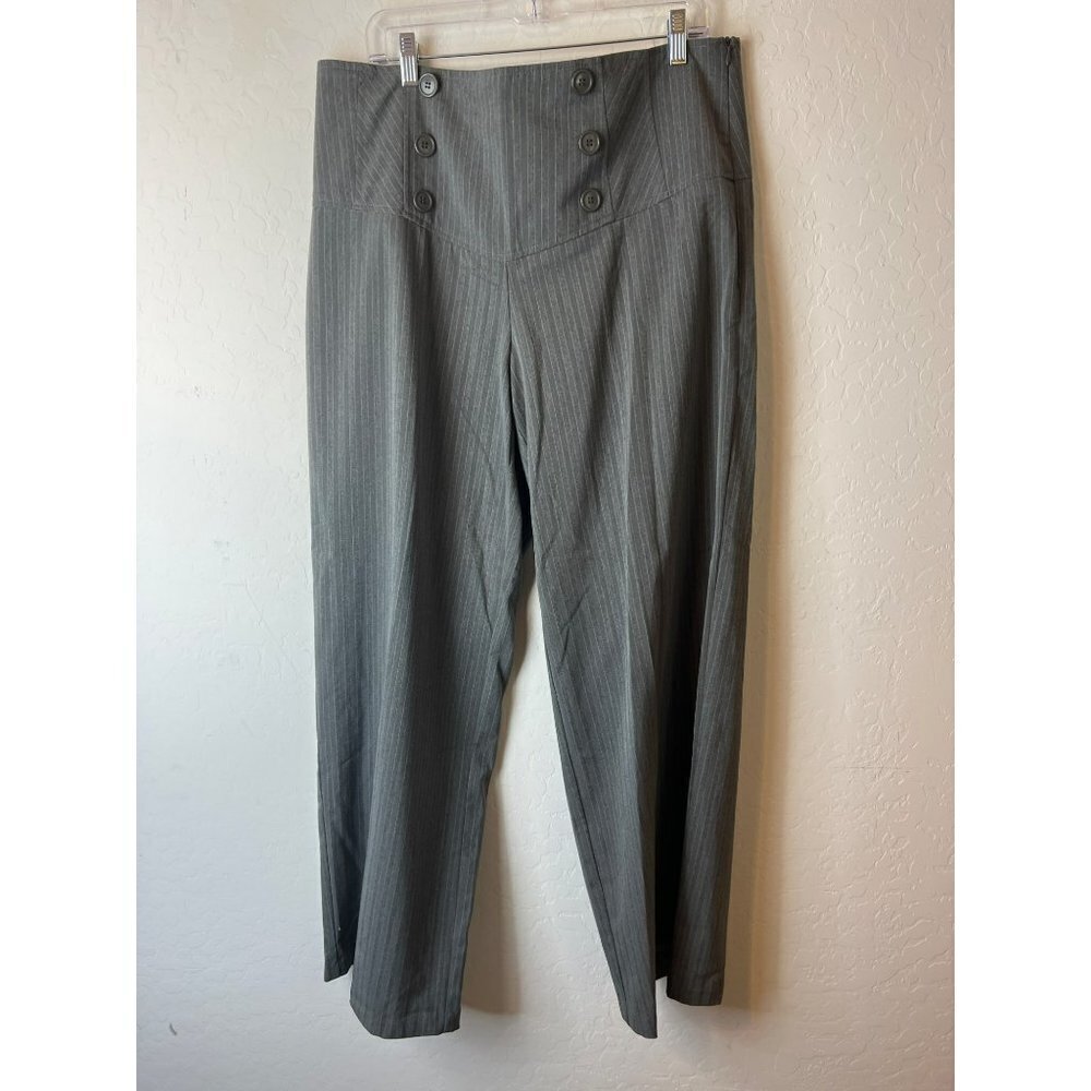 Ashley Stewart Sz 16W Button Front Nautical Grey White Pinstripe Wide Leg Pant T